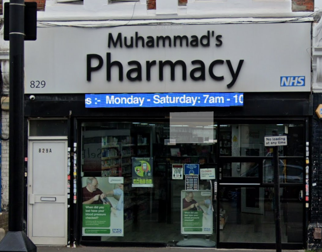 Muhammad's Pharmacy storefront at 829 Romford Road, Manor Park